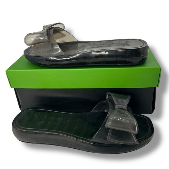 NEW Kate Spade Pool Slides Size 9 Black Clear Bow Slip on Sandals Flats Beach - Picture 1 of 12
